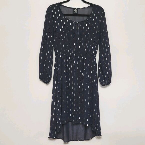 Bobeau Navy Gold Metallic Print A-Line Dress Medium Long Sleeve Boho - Picture 1 of 4